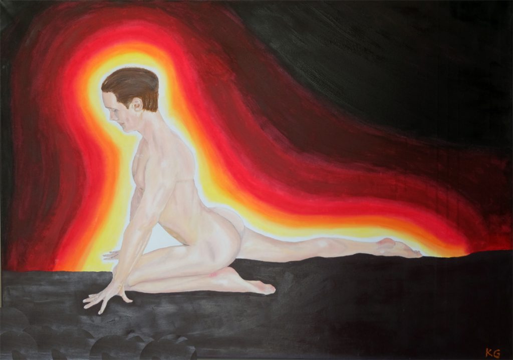 Contemporary art Stuttgart Karlo Grados nude man on the floor oil painting germany