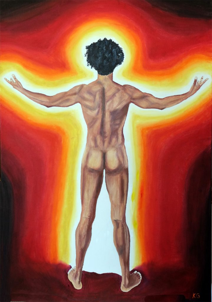 Contemporary art Stuttgart Karlo Grados oil painting Selbst-Po-Trait gallery Germany nude men from behind
