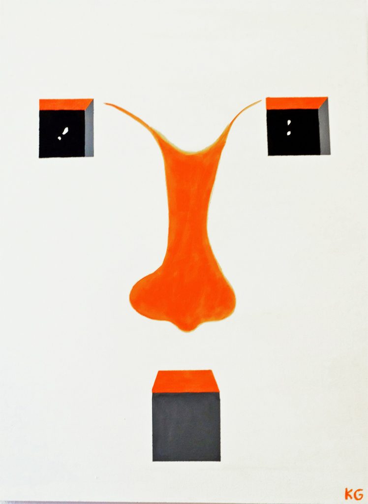 Contemporary art Stuttgart Karlo Grados face with orange nose  oil painting gallery Germany cabeza cuadrada
