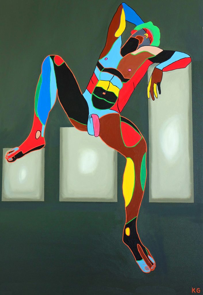 Contemporary art Stuttgart Barberini Faun Karlo Grados oil painting naked man sitting on blockes